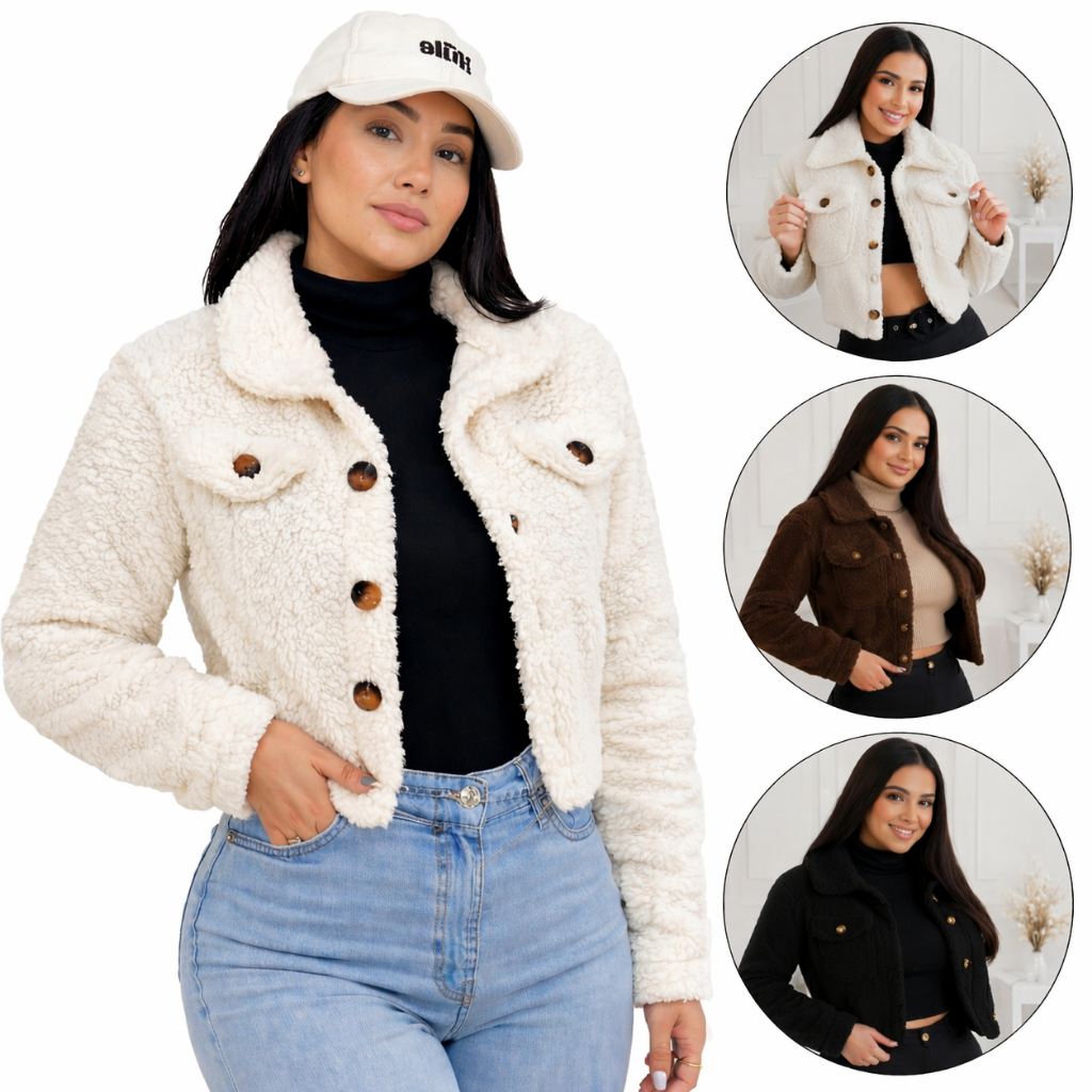 Casaco Botao Teddy Curto Cropped Pelinho Jaqueta Blusa de Frio Feminina Felpudo Ted Tedy Casaquinho