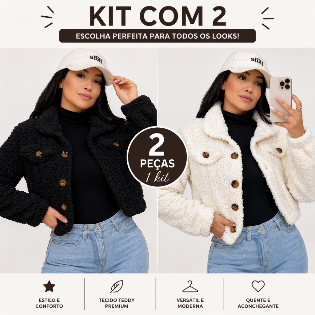 Kit 2 Teddy Curto Casaco Botao Cropped Pelinho Jaqueta Blusa de Frio Feminina Felpudo Ted Tedy Casaquinho