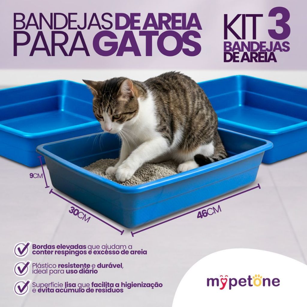 Kit com 3 Bandeja de Areia Higiênica Simples Azul para Gatos - MyPetOne