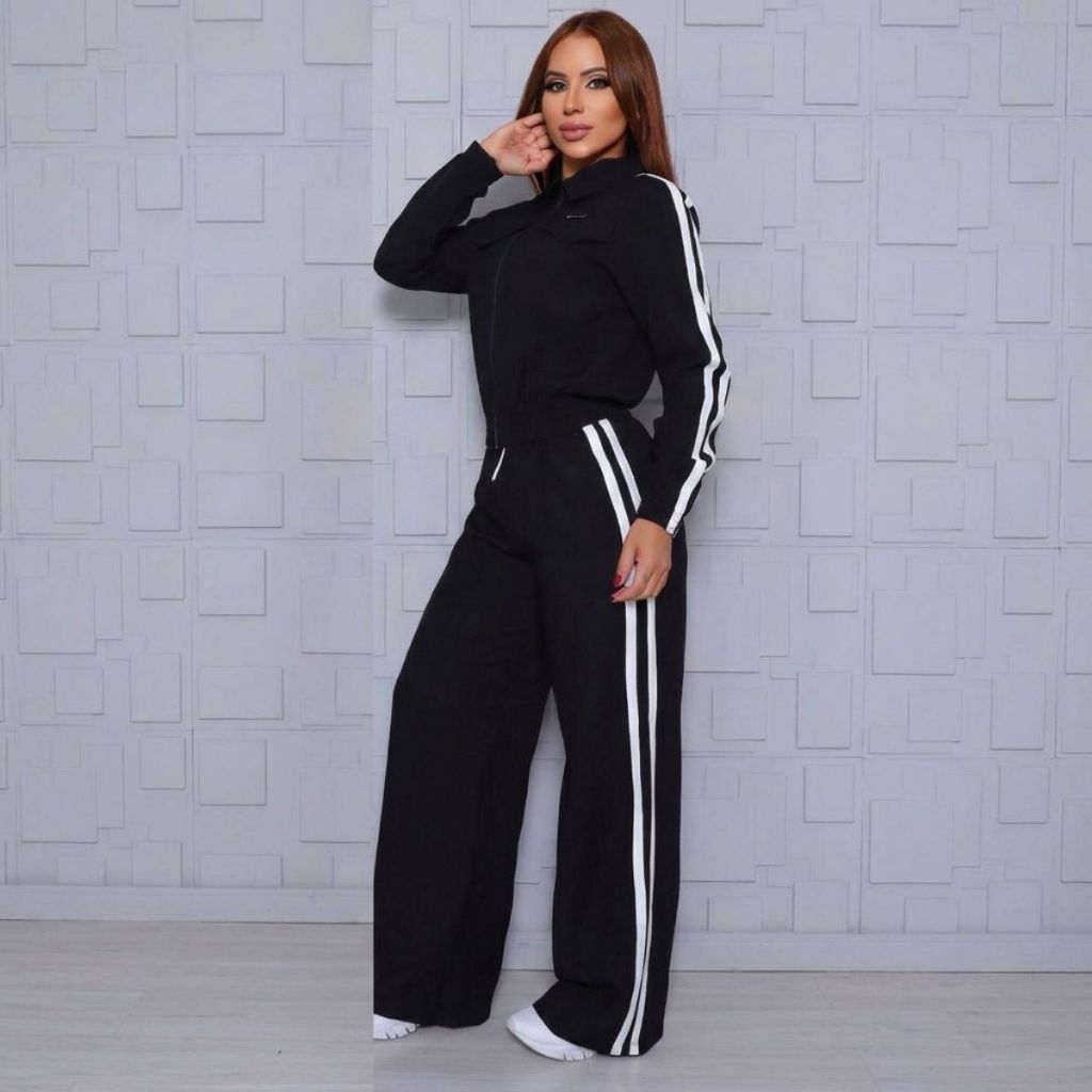 Conjunto Feminino Listras Casual Jaqueta Com Zíper Elástico na Cintura Bolsos Laterais Sensorial