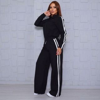 Conjunto Feminino Listras Casual Jaqueta Com Zíper Elástico na Cintura Bolsos Laterais Se…