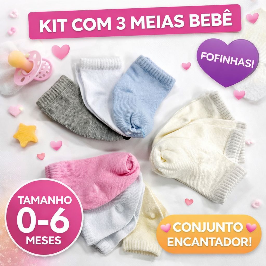 Meias Bebê Cano Baixo - Macias, Confortáveis, Não Apertam - Kit com 3 pares, cores sortidas - K76-K3