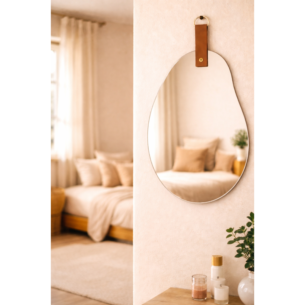 Espelho Lapidado Orgânico Decorativo com Alça de Couro 20x30cm – Design Moderno