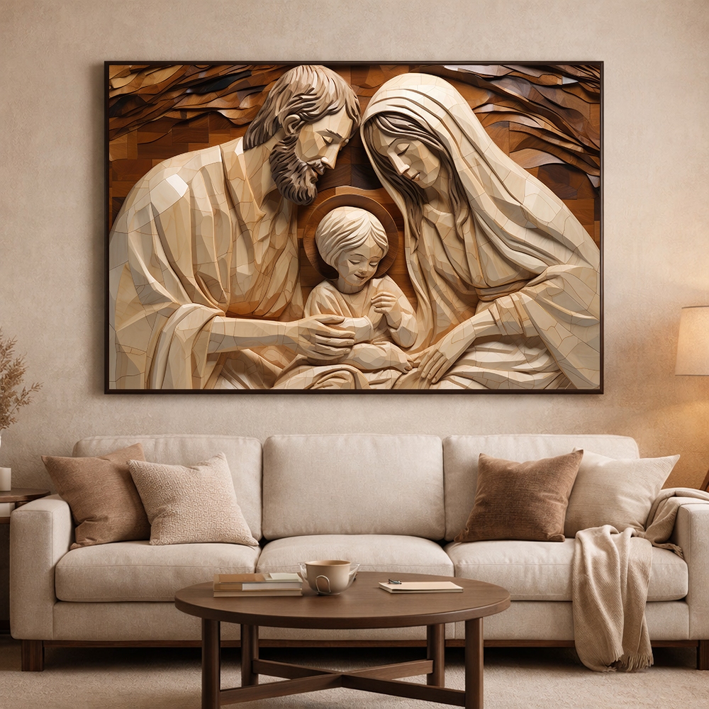 Quadro Decorativo Religioso Sagrada Família Maria José Jesus Católico Com Moldura