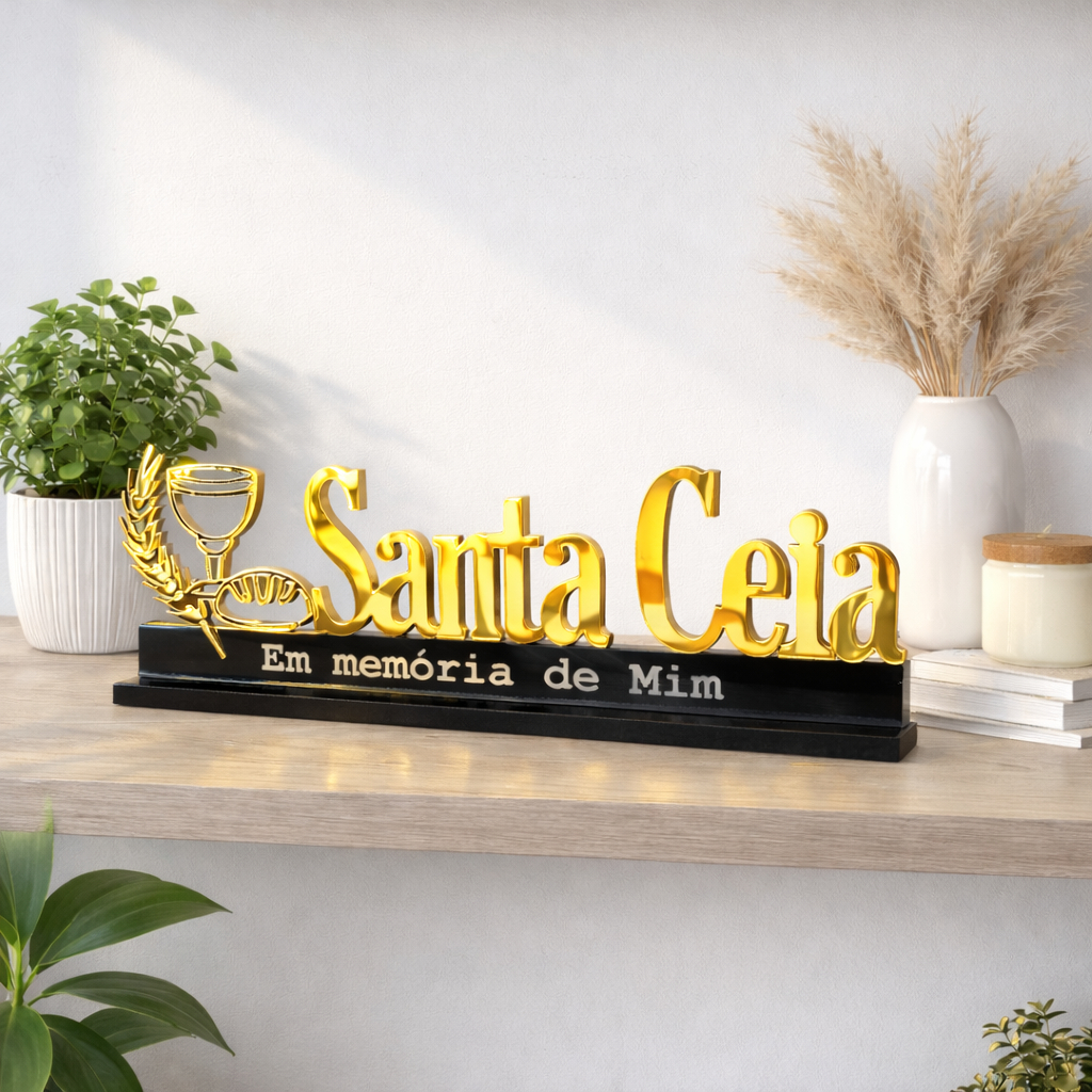 Frase Santa Ceia 30 cm em MDF e Acrílico dourado para mesa