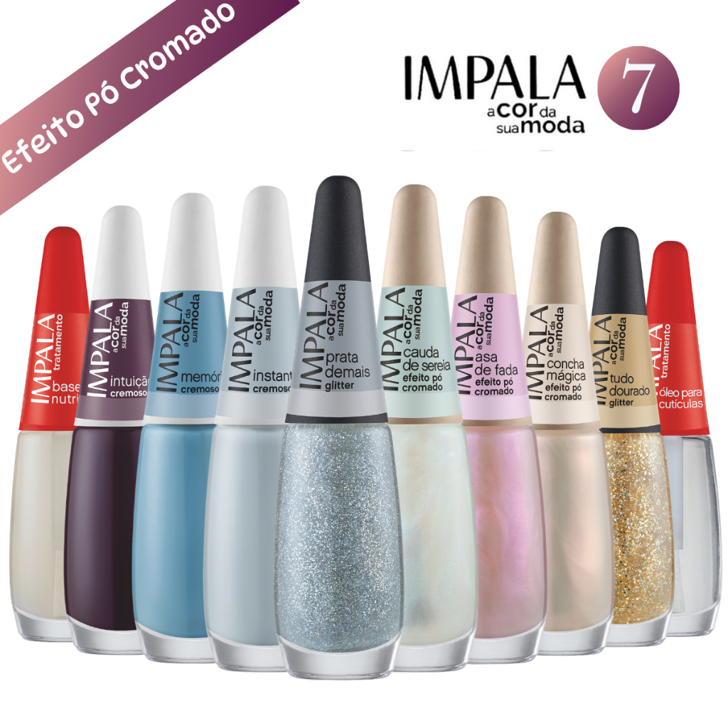 Esmalte Impala Efeito Pó Cromado Glitter e Tratamento A Cor Da Sua Moda 7 Nova Coleção - Kit com 10 cores