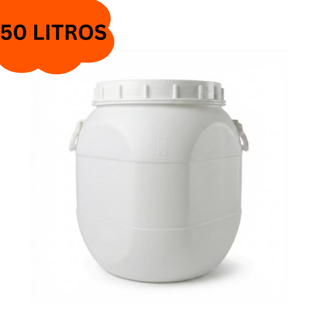 Bombona Branca Tambor Barril 50 Litros Plástica Reforçada Tampa Dupla Boca Larga Galão Água óleo Ração Produtos Limpeza
