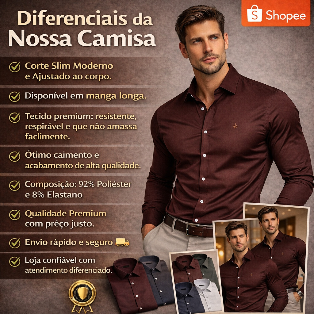 Camisa Social Masculino Slim Manga Longa De Botão Masculino Blusa Premium Casual Básica Lisa