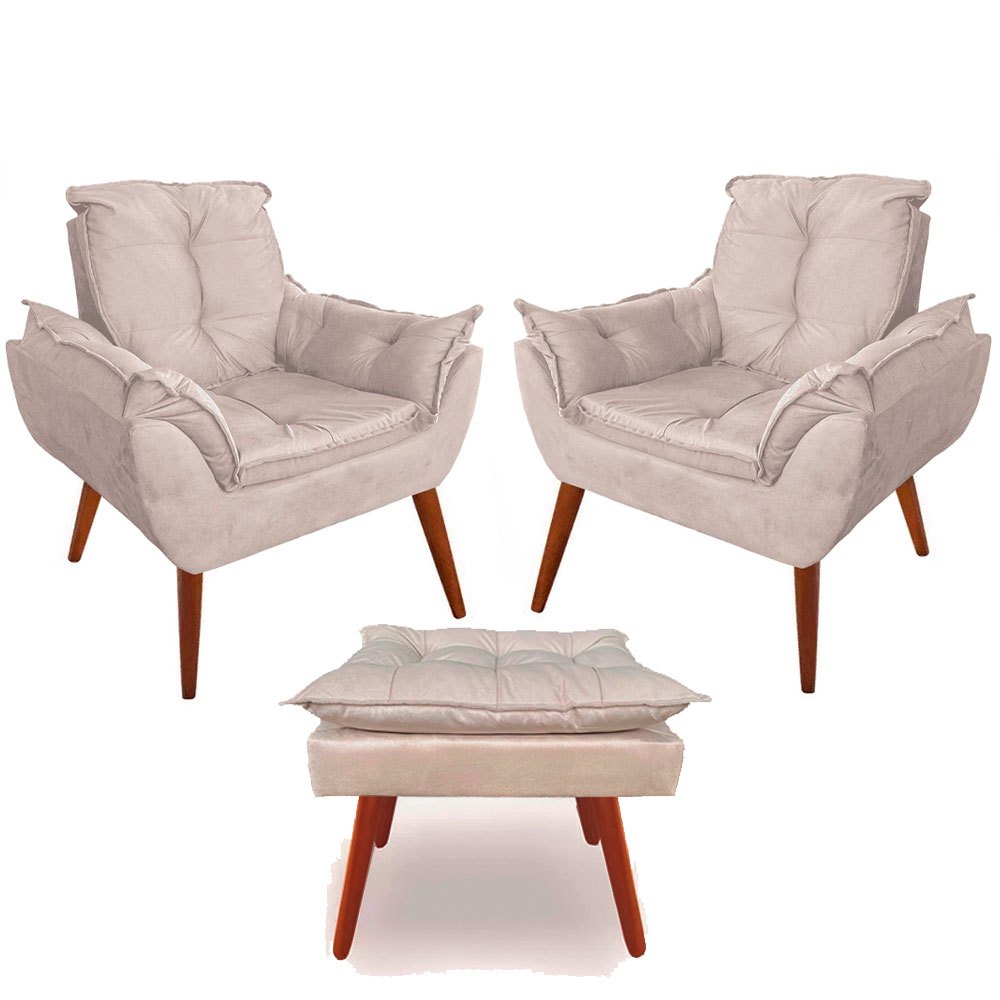 Kit 02 Poltronas Decorativas + Puff Decorativo Quadrado Sala Escritório