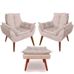 2 Poltronas Cadeira Estofada Luxo com Pés de Madeira Palito em Suede Várias Cores Com Puff Puf Opalla