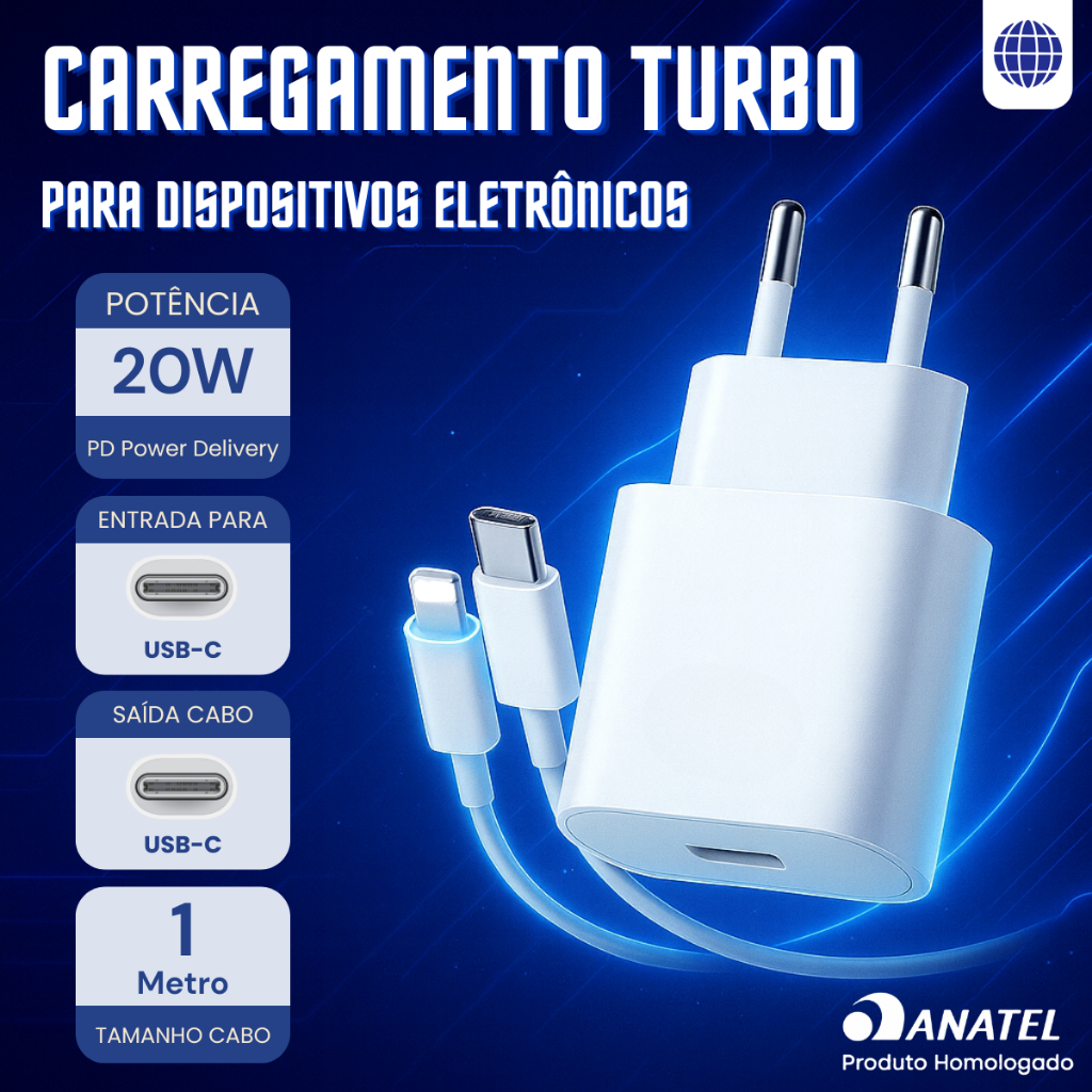 Carregador + Cabo Homologado p/ iPhone 8 ao 14 Pro Max 20W USB-C