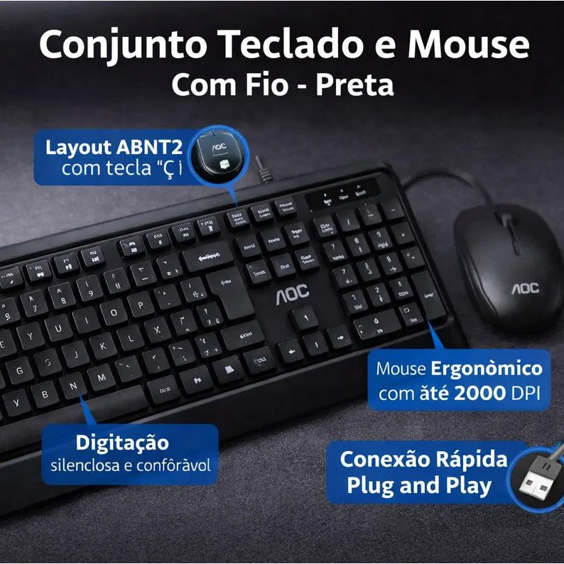 Kit Teclado e Mouse Para Escritório Com Apoio de Pulso! Trabalho Português Brasil Abnt2 AOC KM170