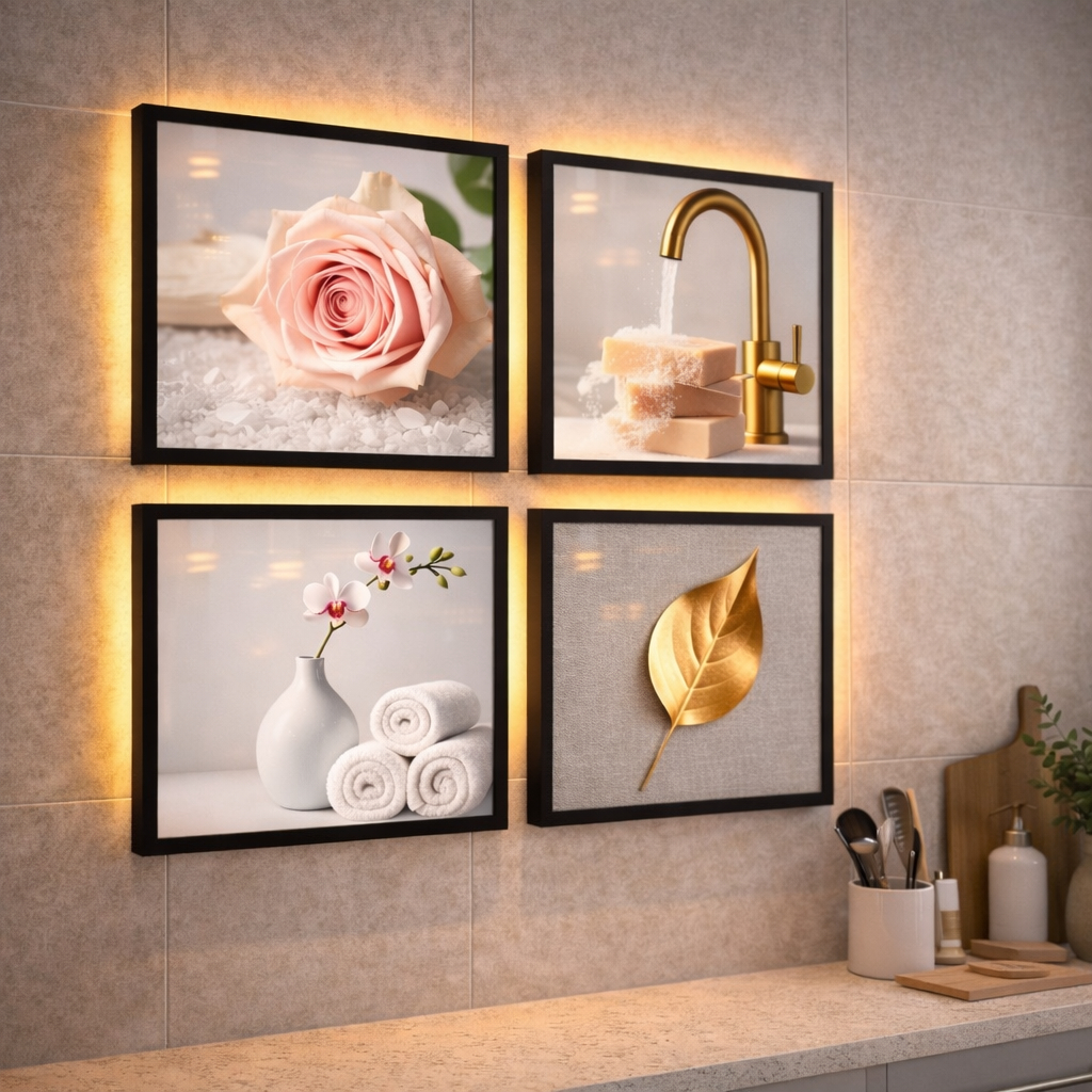 Kit Quadrinhos Lavabo Banheiro Moderno Rosa Folha Dourada Branco Rosa