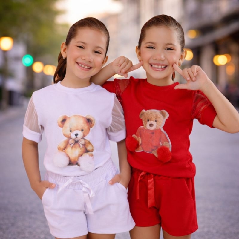 Conjunto Infantil Feminino Roupa Menina  luxo Conjunto Ursinho Pompom Tecido Premium Elegante