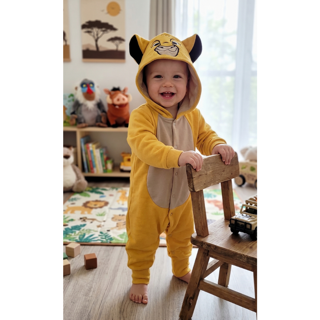 Macacão Simba Bordado com Capuz - Bebês Simba Mesversario - Frio Inverno
