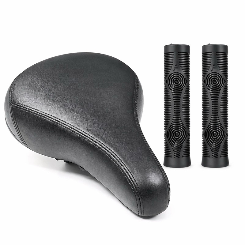 Selim Banco BMX Tipo Ddk 243 + Par Manopla Gios 165mm Banco Gta Dirt Jump Bmx Dh Freeride Preto Confort