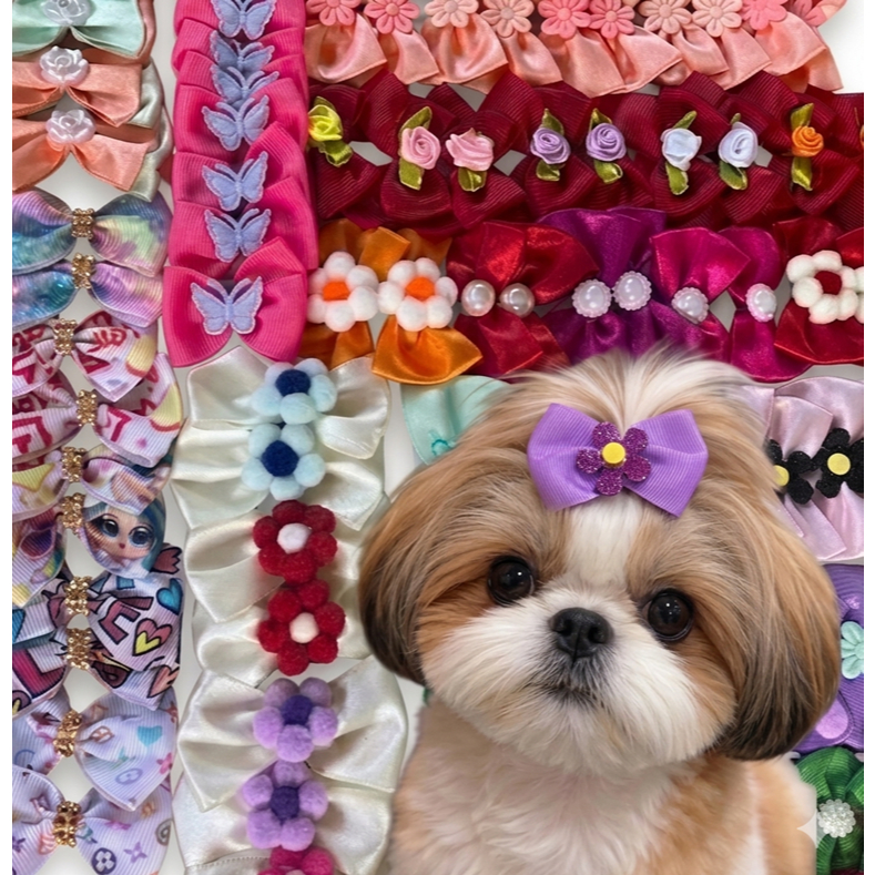 Kit 50 Laços Pet Médio Sortidos – Lacinhos para Shih Tzu, York, Lhasa | Pet Shop Promoção