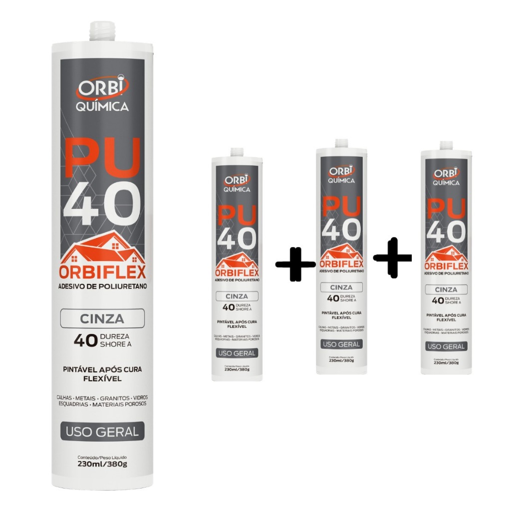 Kit 3 Selante PU40 Cinza ORBI Química Cola Poliuretano 380g Alta Resistência Veda Calha Cuba Vidro