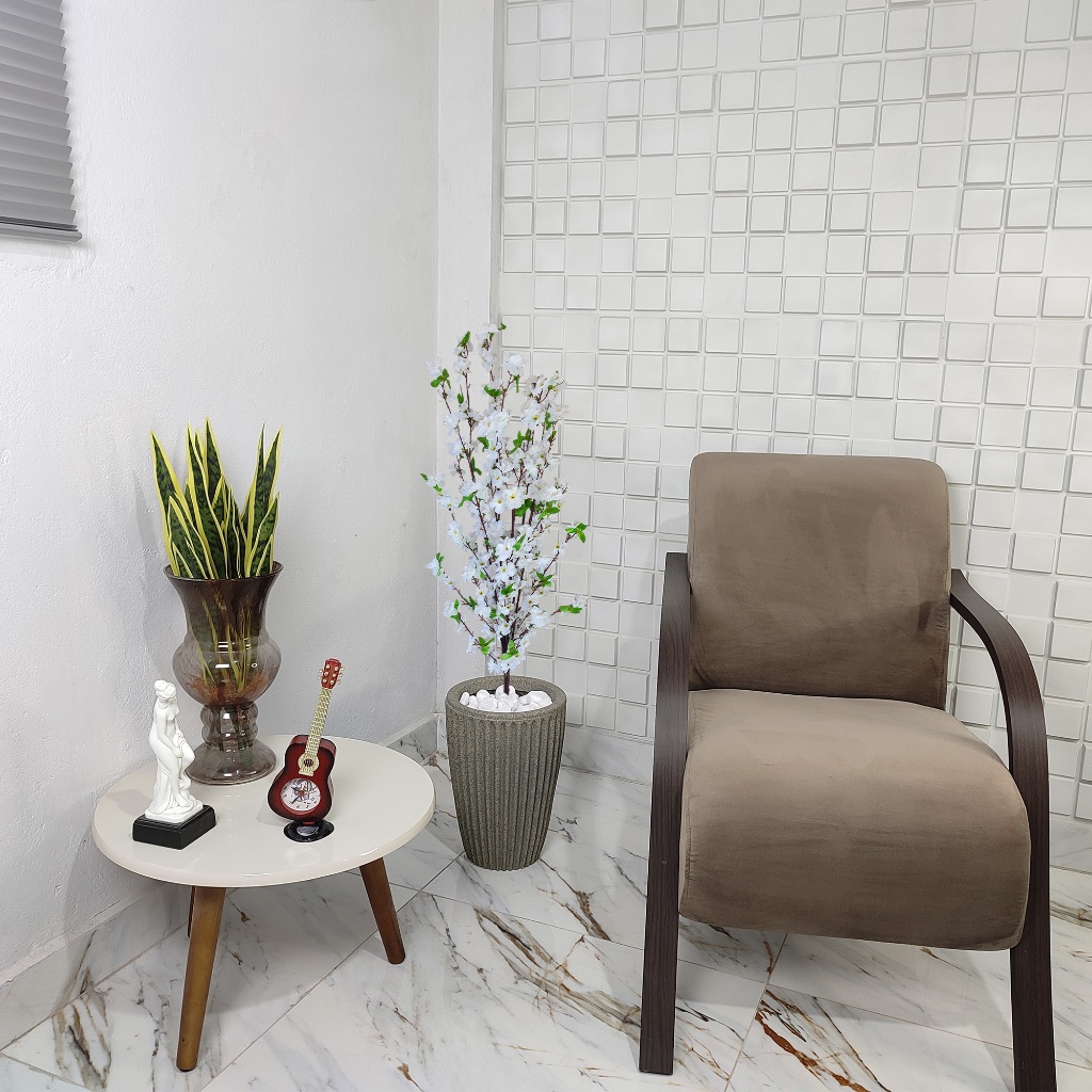 Flor Artificial Cerejeira Branca Vaso Cone Mármore Pedra Decoração