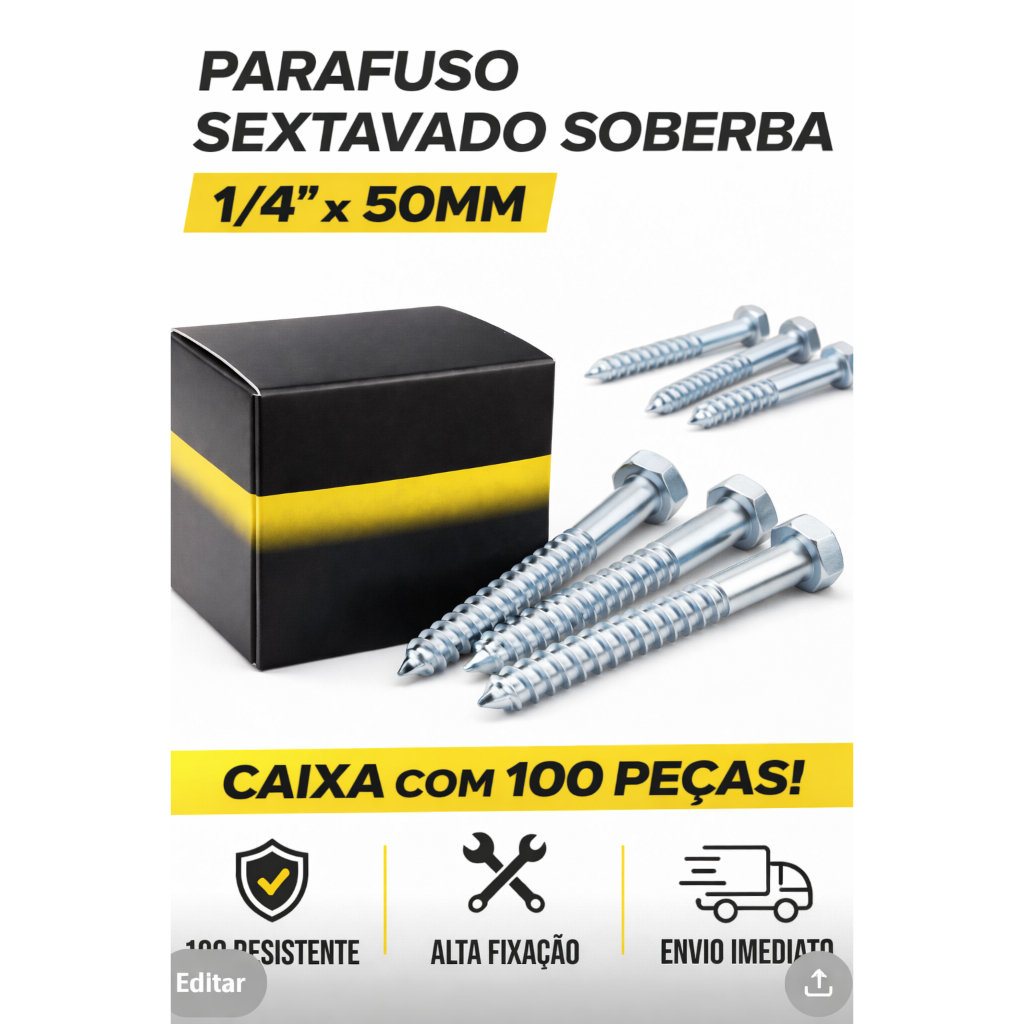 Kit 100 Parafusos Sextavado 1/4x50 Zincado Rosca Soberba para Madeira Alta Resistência