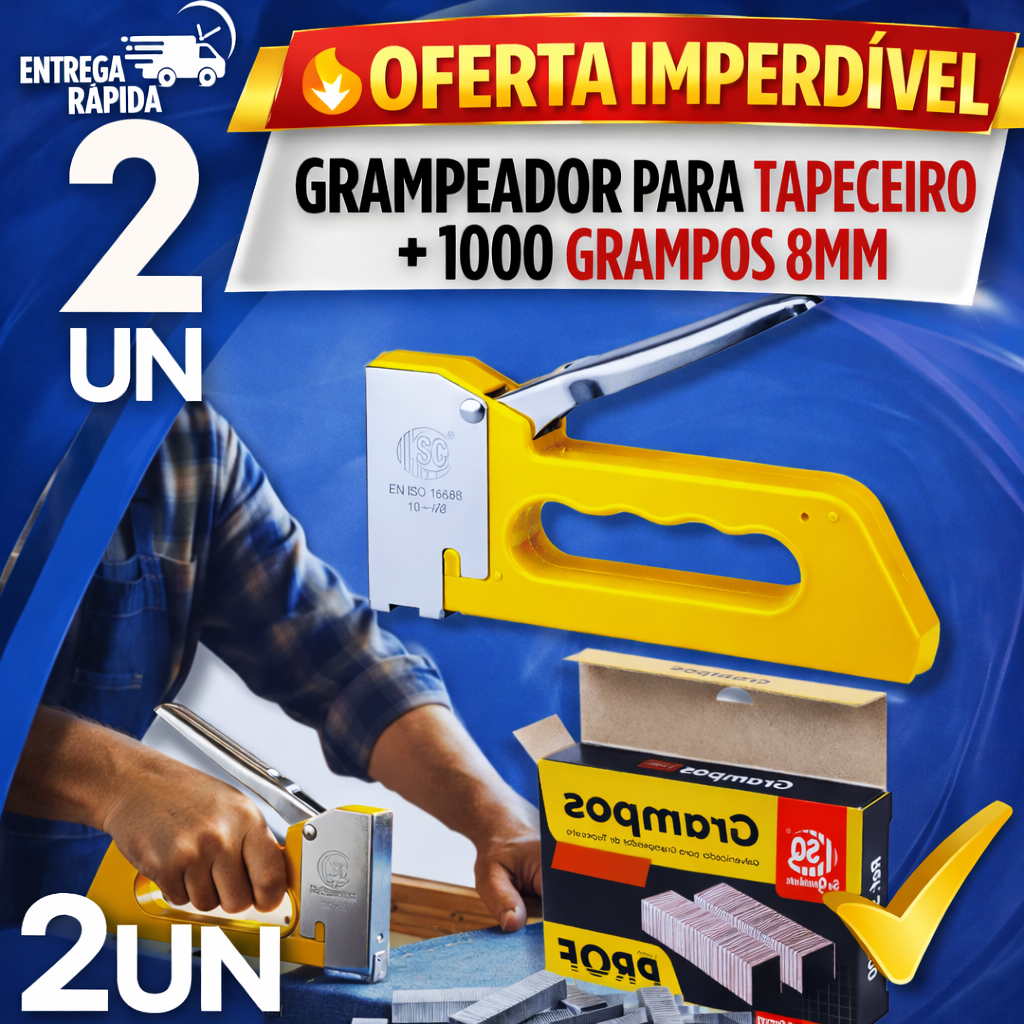 Grampeador Profissional c/ 1000 Grampos – Alta Pressão, Fixação Precisa para Tecido e Madeira