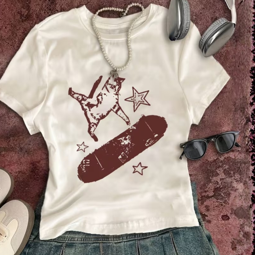 Cropped Tee Estampa Gato  Skate Vintage Cyber Grunge Divertida Moda Algodão