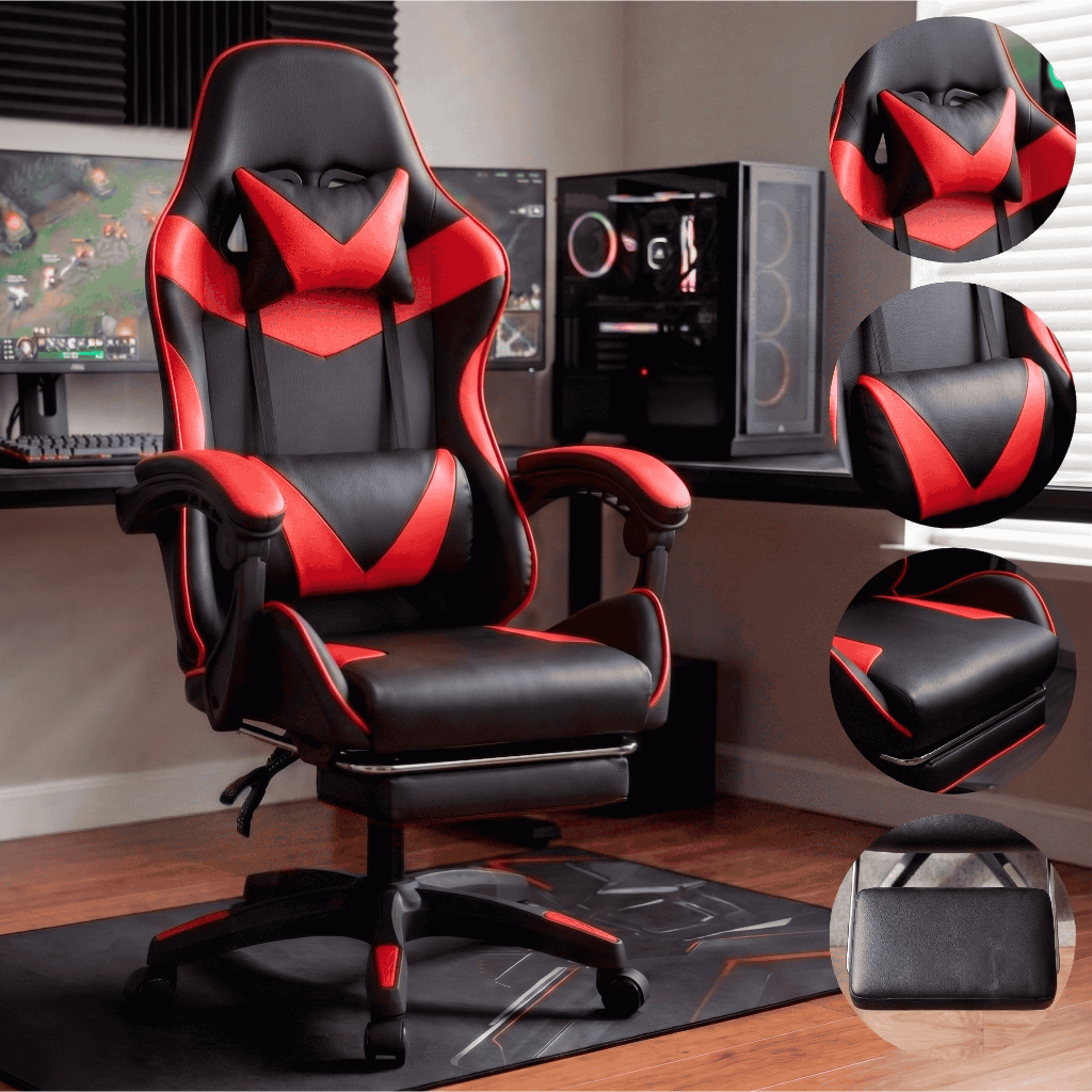 Cadeira Gamer Cor Vermelha Ergonômica Estofada Couro Sintético Giratória Com Apoio Para Os Pés