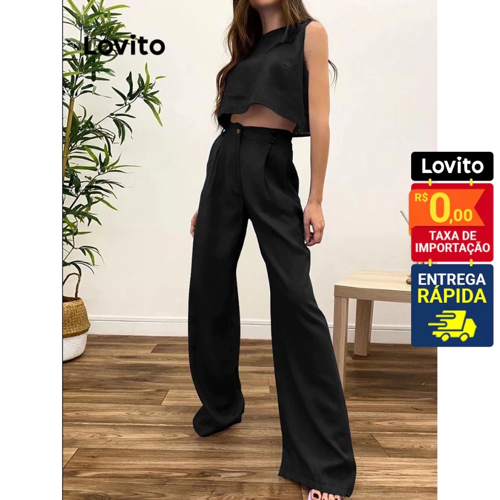 Lovito Conjunto Calça Pantalona Linho Like Blusa Regata Cropped BRPSNS35BX036