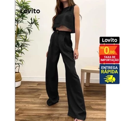 Conjunto Calça Pantalona Lovito Linho Blusa Cropped Casual Confortável BRPSNS35BX036