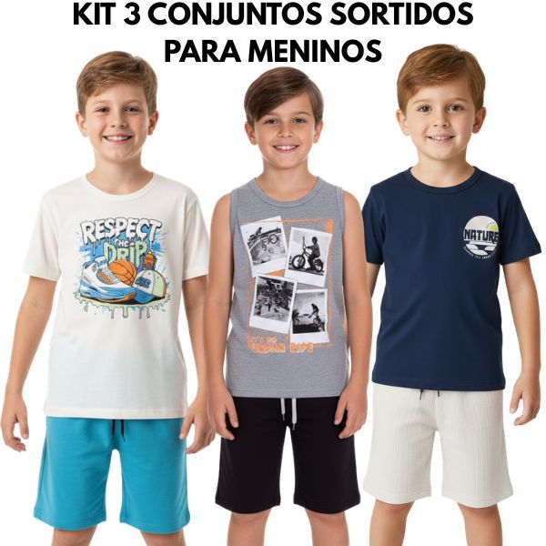 Kit Sortido 6 Peças de Roupas Infantil Menino 3 Camisetas + 3 Bermudas - Kit 3 Conjuntos Infantil Menino Verão