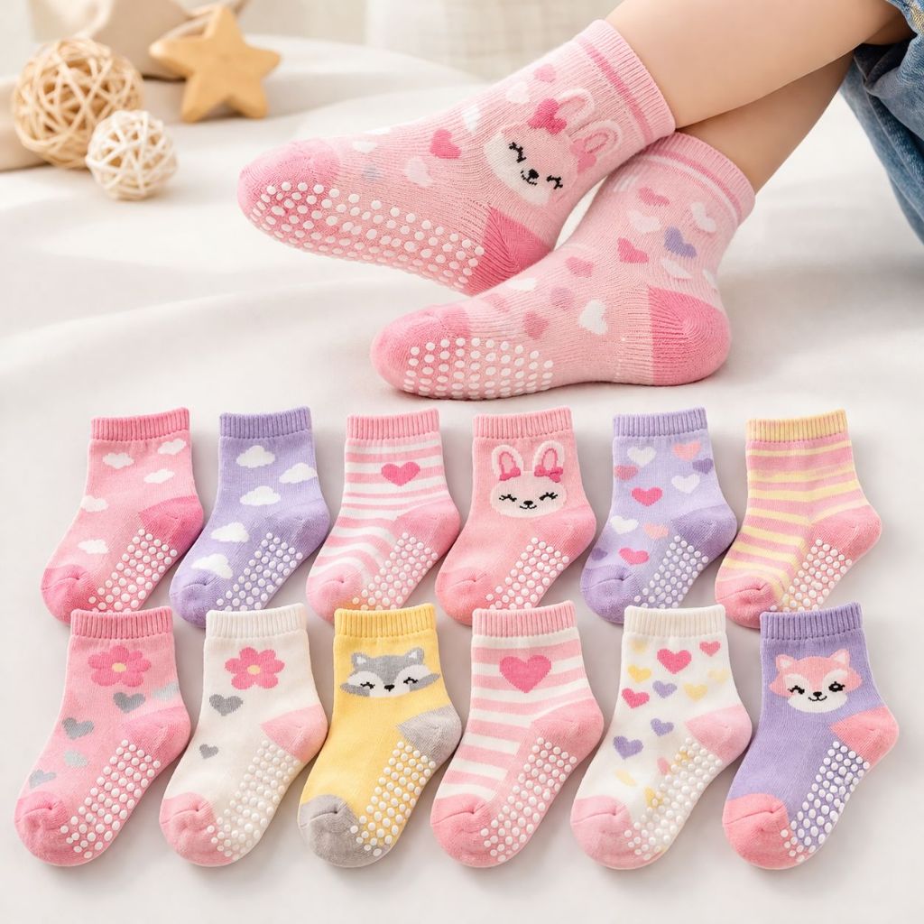Kit 12 Pares Meias Bebê RN Infantil Antiderrapante Algodão Confortável Inverno Macia Colorida Dia a Dia