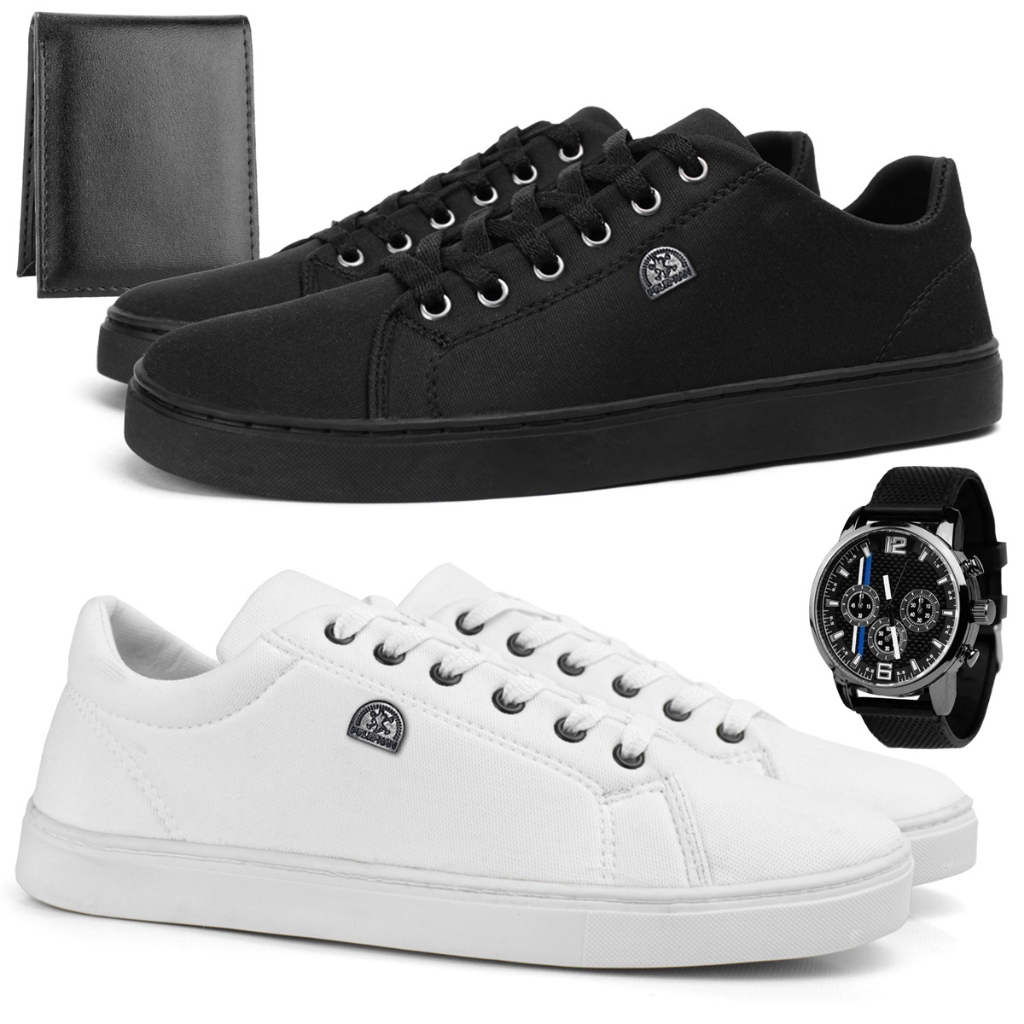 Kit 2 Sapatenis Masculino Casual Jogger + Relógio Analógico e Carteira Slim - OFERTA PREMIUM