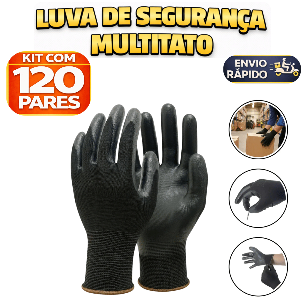 Kit 120 Luva De Segurança Multitato Tatil Banhada Luva Pu Black P M G GG Mecanico Pedreir Eletricist