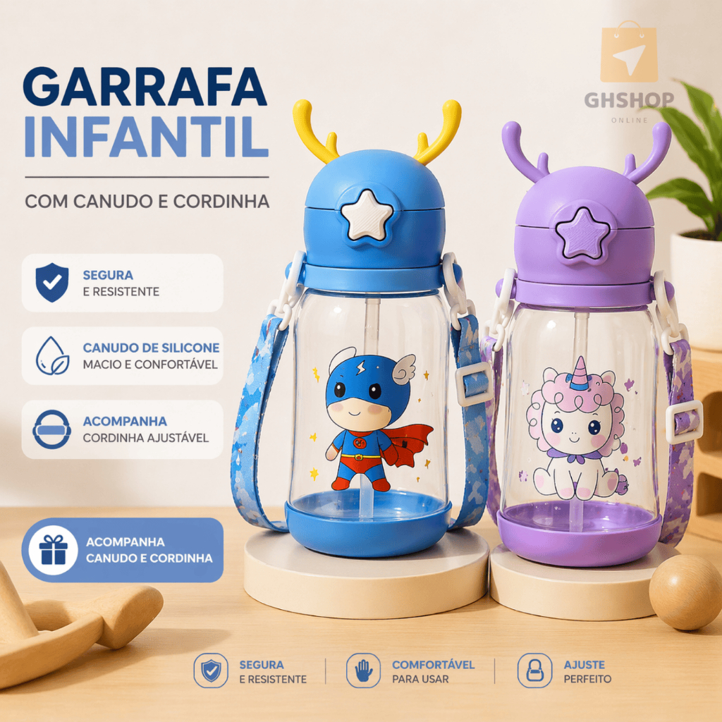 Garrafa Copo de Agua Alce Infantil Com Canudo 580 ml Menino Menina