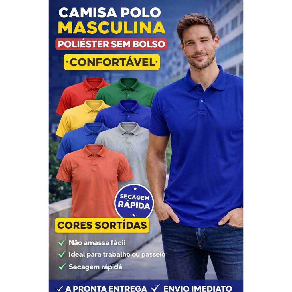 Camisa polo masculina, polo básica, camisa gola polo, camiseta masculina, polo lisa, roupa masculina barata, polo poliés
