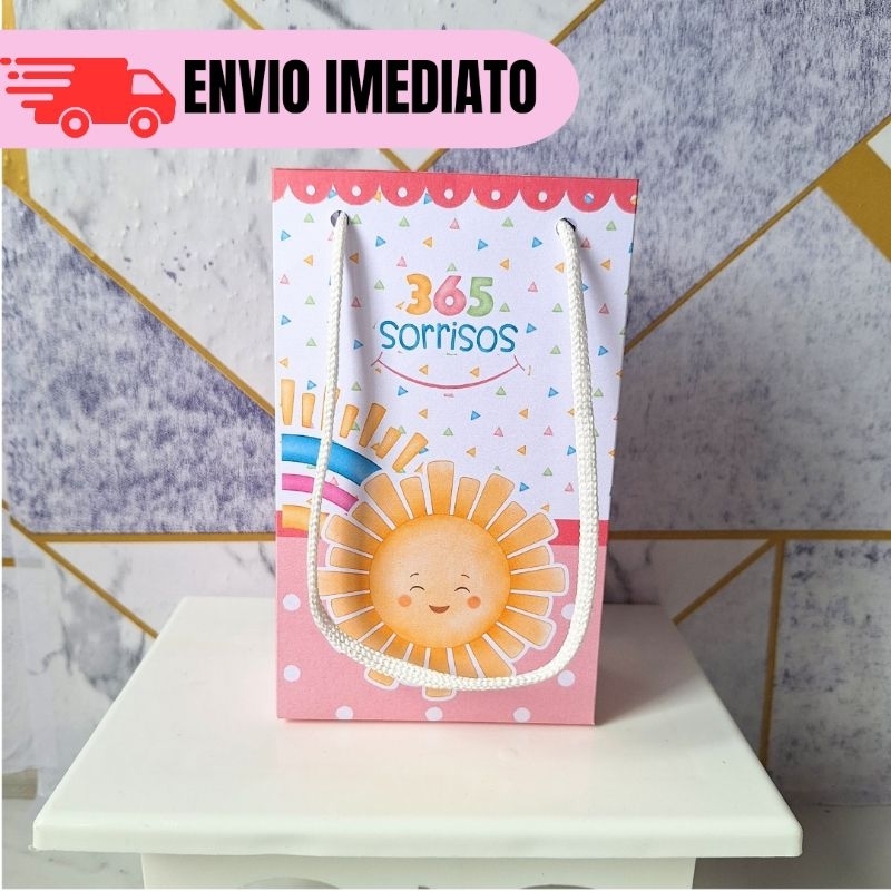 Kit 10 a 30 Sacolinhas 365 Sorrisos Menina Rosa Personalizados Lembrancinhas Festa Infantil Aniversário PEGUE E MONTE