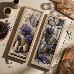 Kit 2 Quadros Decorativos Verticais 18x45 Lavanda Rústico Provença Flores Moldura Vidro Sala Quarto