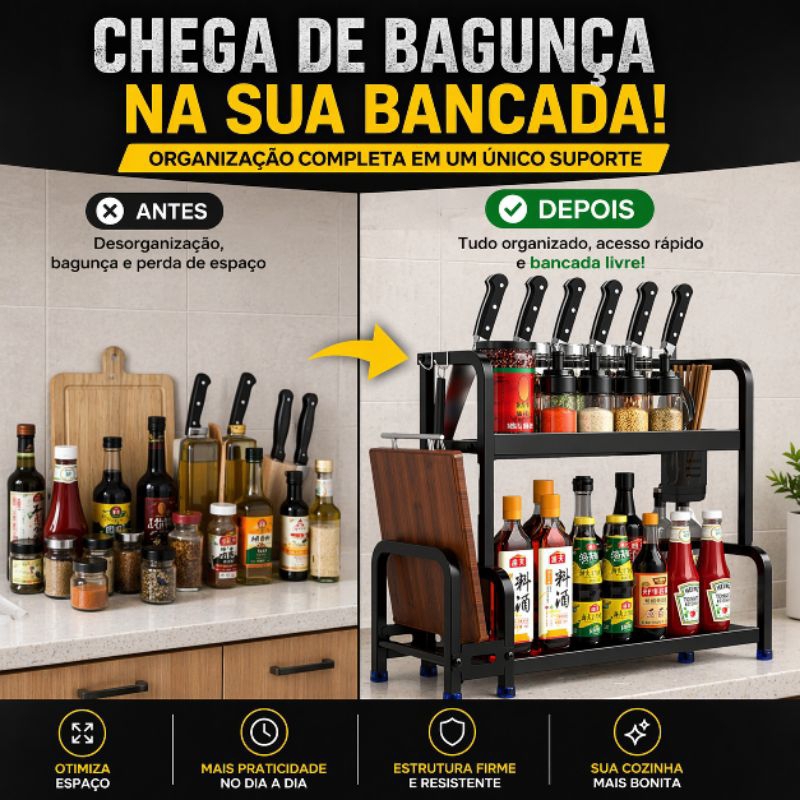 Organizador de Bancada Cozinha 2 Níveis com Suporte para Facas Temperos e Tábua Premium