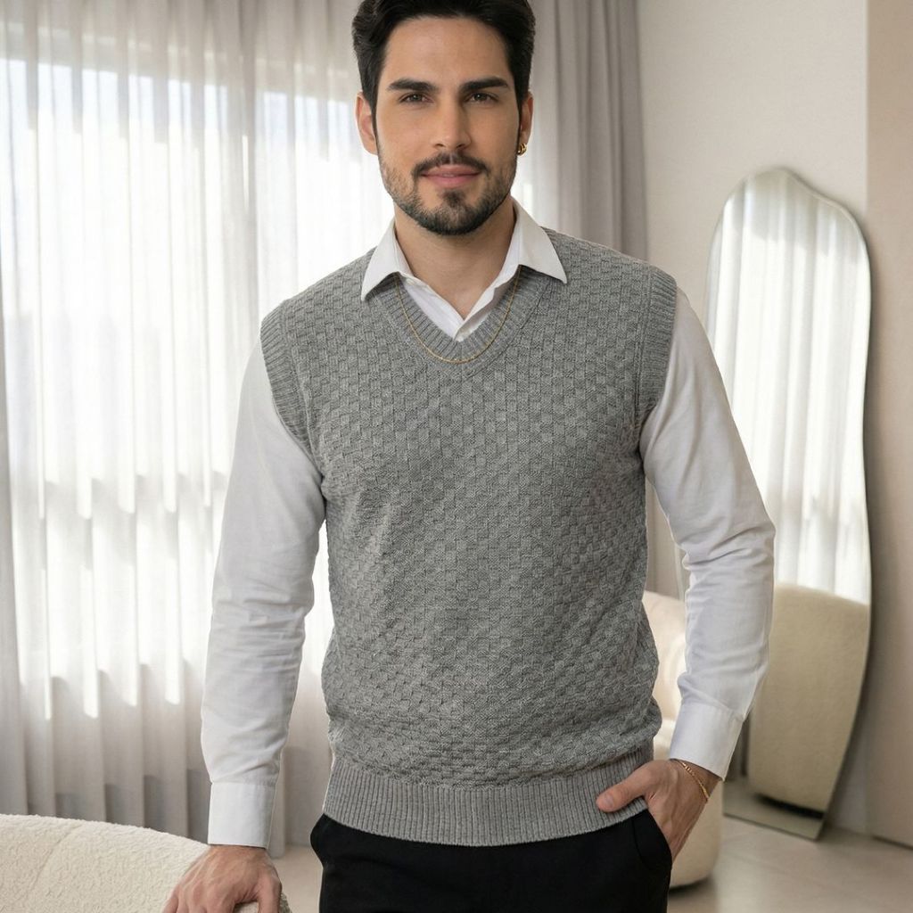 Tricot Colete Gola V Texturizado Inverno Luxo Tendência Elegante Social Moderno Masculino