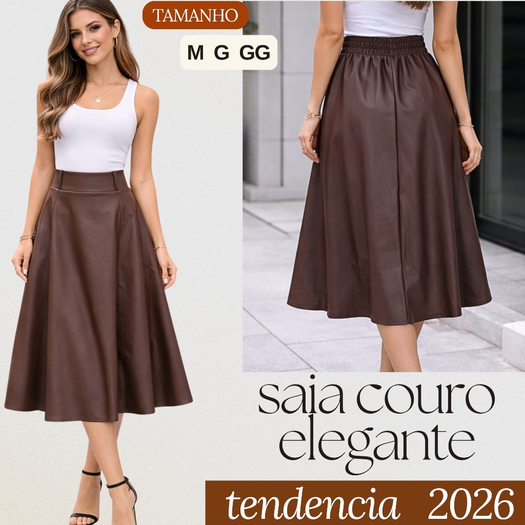 Saia Couro Feminina Midi Elegante Cintura Alta Moda Blogueira Festa Casual