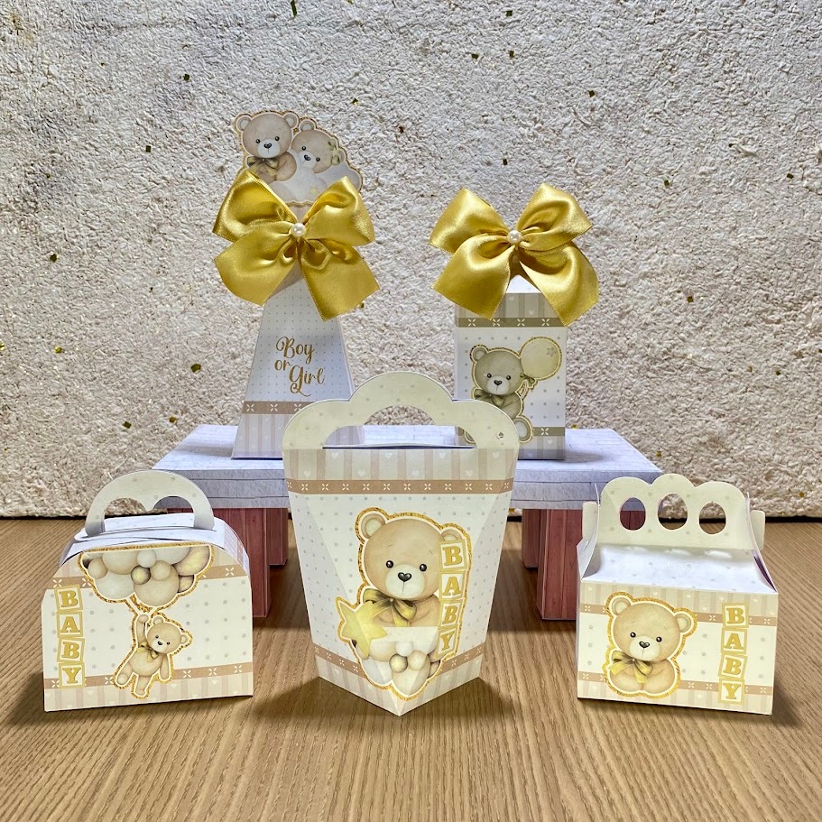 PEGUE E MONTE – Kit Festa Personalizado Chá Revelação Ursinho Bege | 15 a 40 Caixinhas Lembrancinha