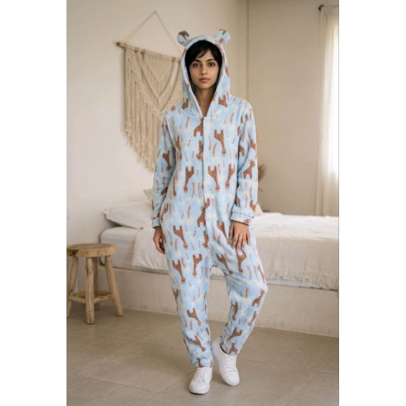 macacão juvenil soft fleece : feminino e masculino unissex com capuz c/ orelhas e botão de pressão