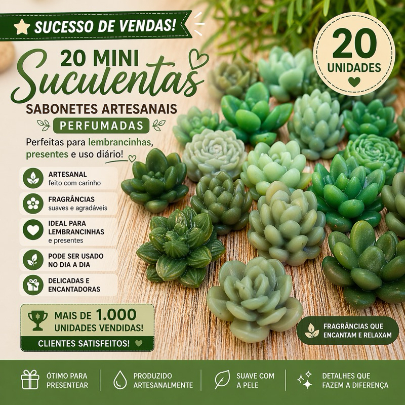 20 Mini Sabonetes Artesanais Suculentas Perfumadas | Lembrancinhas Criativas para Presente