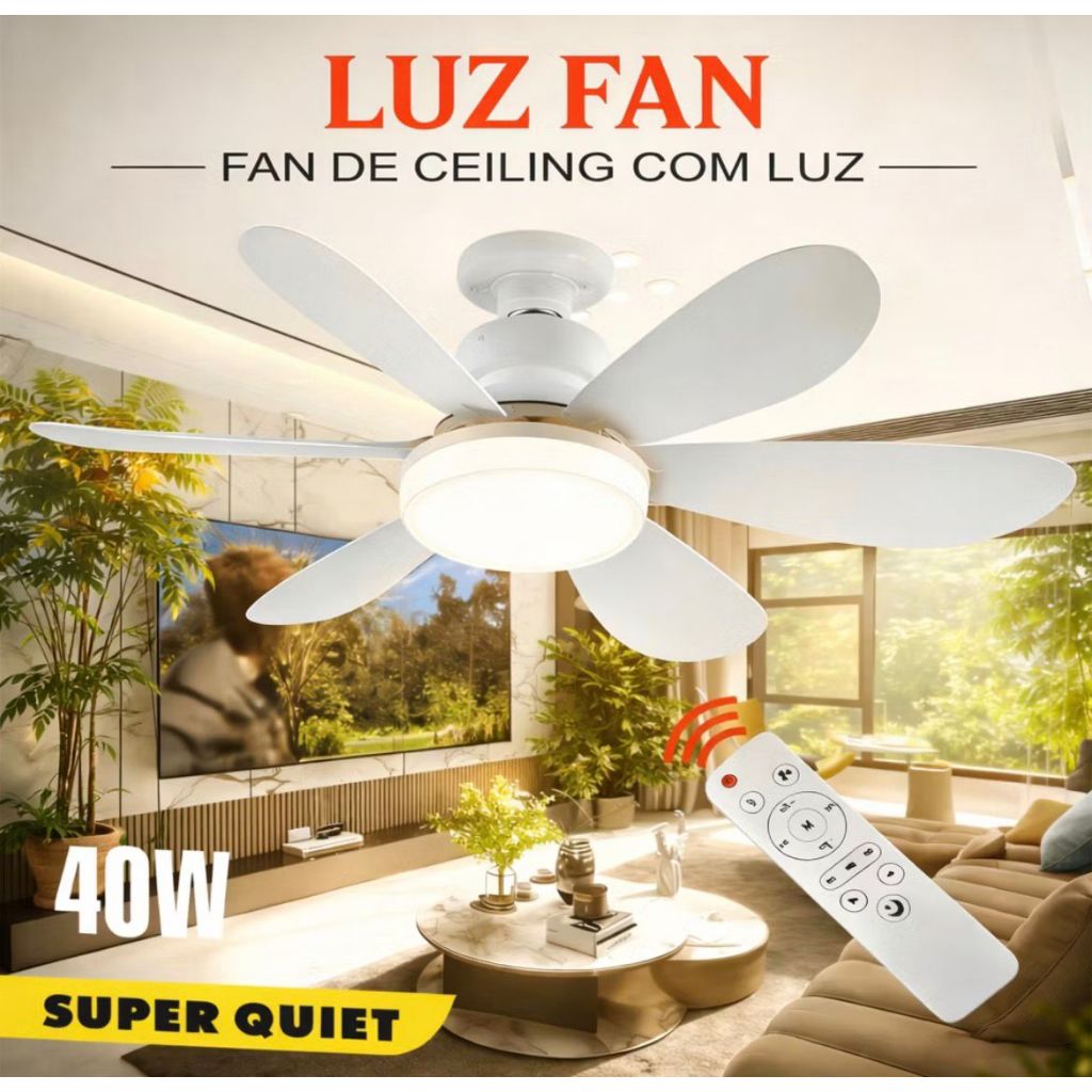 Lâmpada Ventilador de Teto 60W Potente LED Lâmpada E27 Controle Remoto Luminária 6 Hélices Bivolt