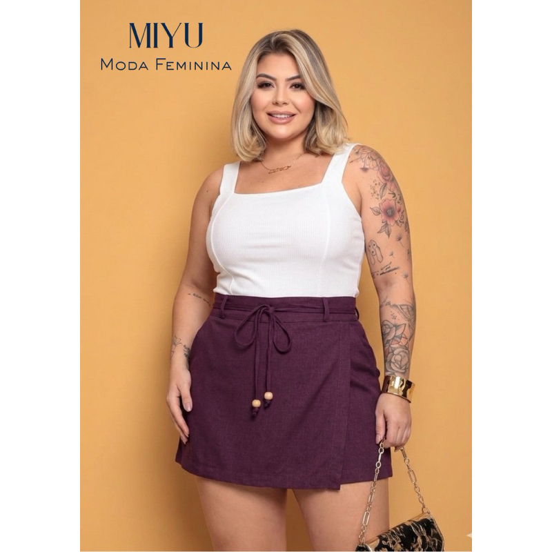 SHORT SAIA CAMILA PLUS SIZE EM LINHO, CINTURA ALTA COM BOLSOS E CINTO, PROMOÇAO LIMITADA