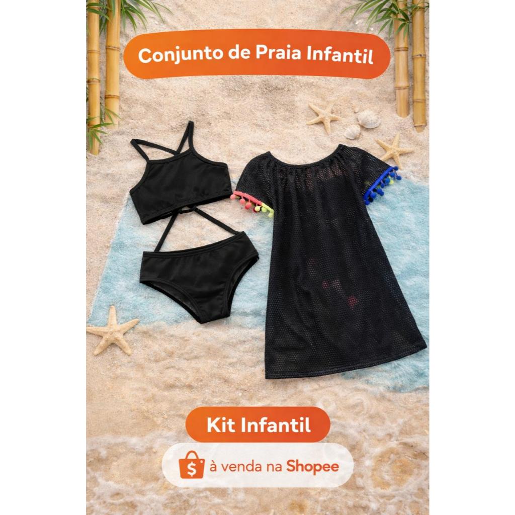 Vestido | Saída de Praia+ Biquin | Canga | Saida de Praia | Saída de Praia Infantil Juvenil | Feminino | Tamanho 2 ao 14