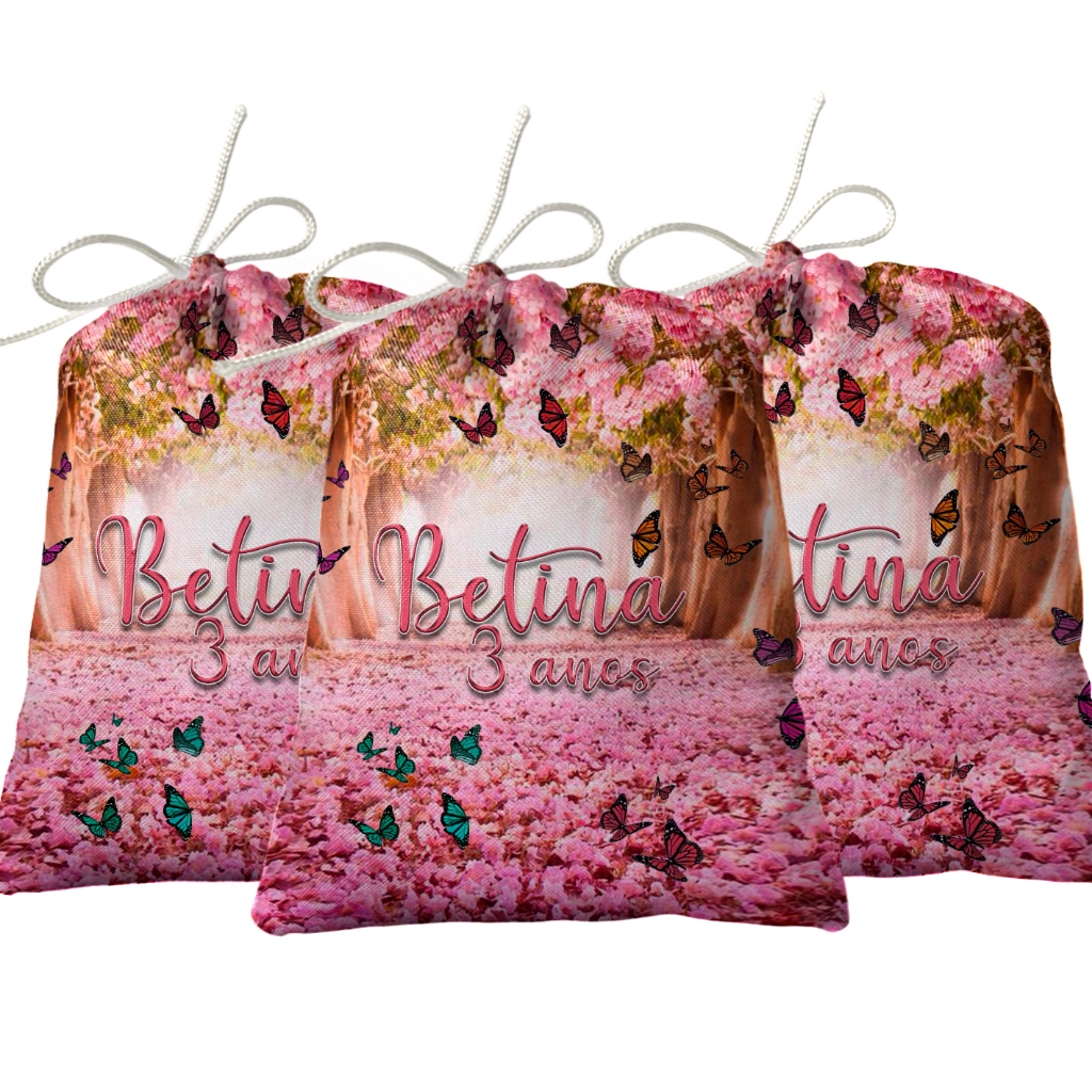 Sacolinha Lembrancinha Festa Aniversário Surpresa Tecido Personalizado Jardim das Borboletas