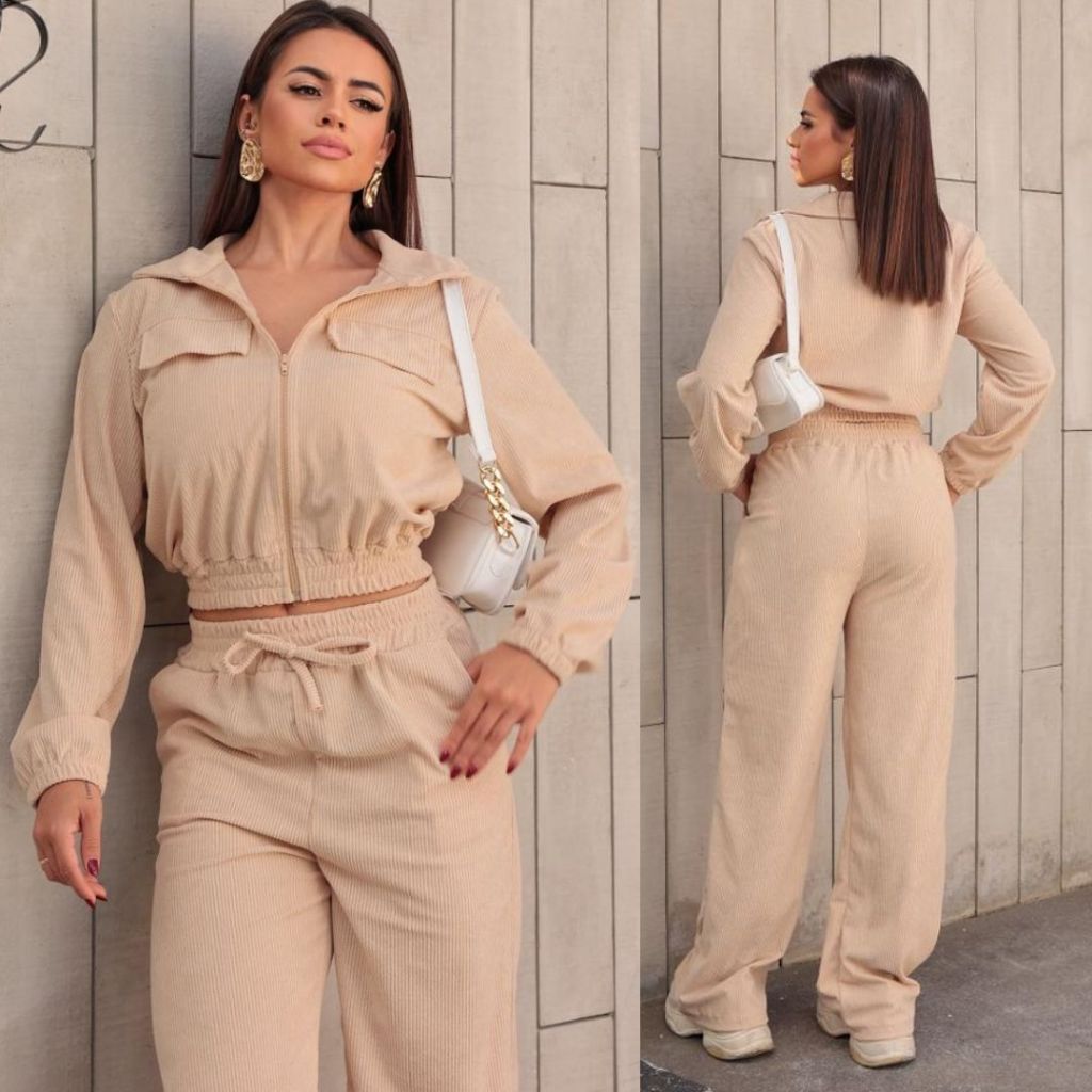 Conjunto Feminino Veludo Cotele Calça Soltinha + Jaqueta Zíper Inverno Outono Confortavel Elegante