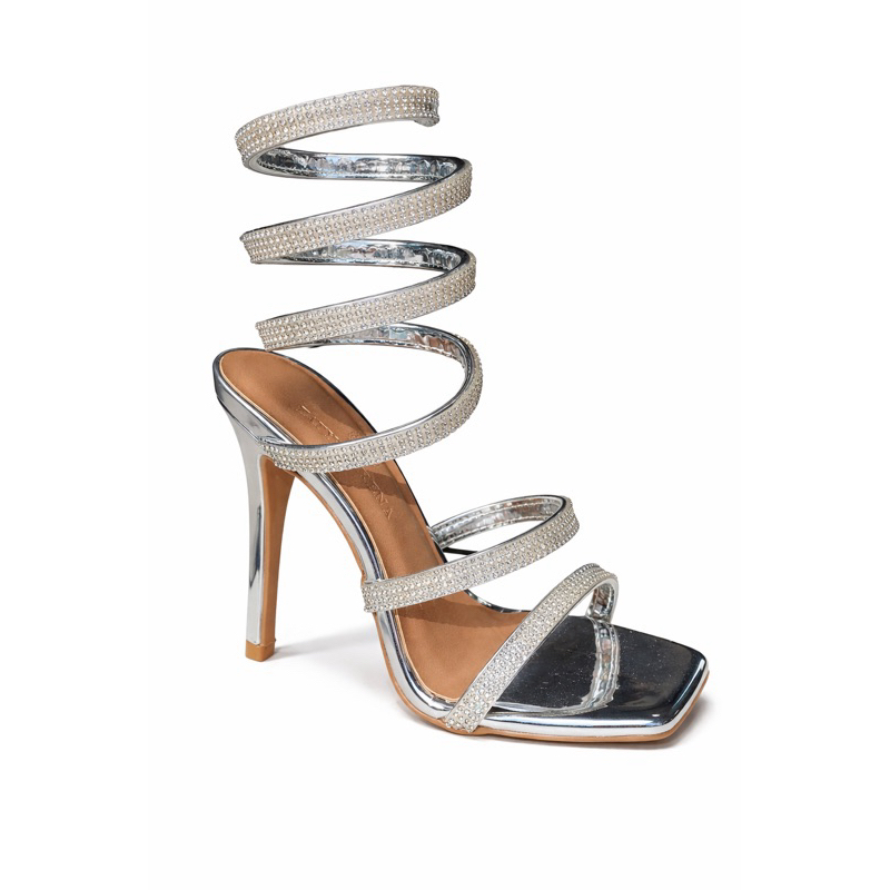 Sandália feminina dourada/prata salto fino espiral strass brilho