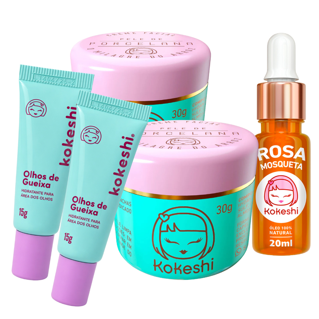 Kit Kokeshi Renovadores Faciais + Óleo de Rosa Mosqueta Super Kit Pele de Porcelana Vidro